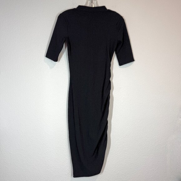 Zara Black Midi Dress Short Sleeve Side Ruched Ribbed Mock Neck Small - Picture 4 of 9
